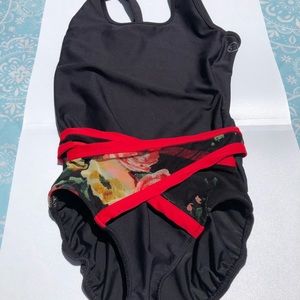 Five Dancewear black Leo w/floral mesh wrap front